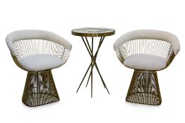 A PAIR OF PLATNER STYLE ARMCHAIRS AND A TABLE