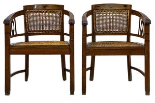 A PAIR OF TEAK AND RATTAN ARMCHAIRS