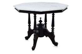 AN OCTAGONAL 'KOPITIAM' TEAK TABLE WITH MARBLE TOP