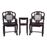 A SET OF BLACKWOOD ARMCHAIRS WITH TABLE