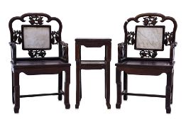 A SET OF BLACKWOOD ARMCHAIRS WITH TABLE