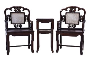 A SET OF BLACKWOOD ARMCHAIRS WITH TABLE