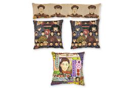 A GROUP OF ASIAN PRINT THROW PILLOWS AND A LINEN BOLSTER