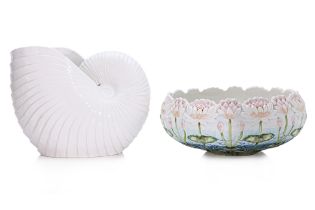A LARGE ITALIAN POTTERY SHELL AND A LILY POND BOWL