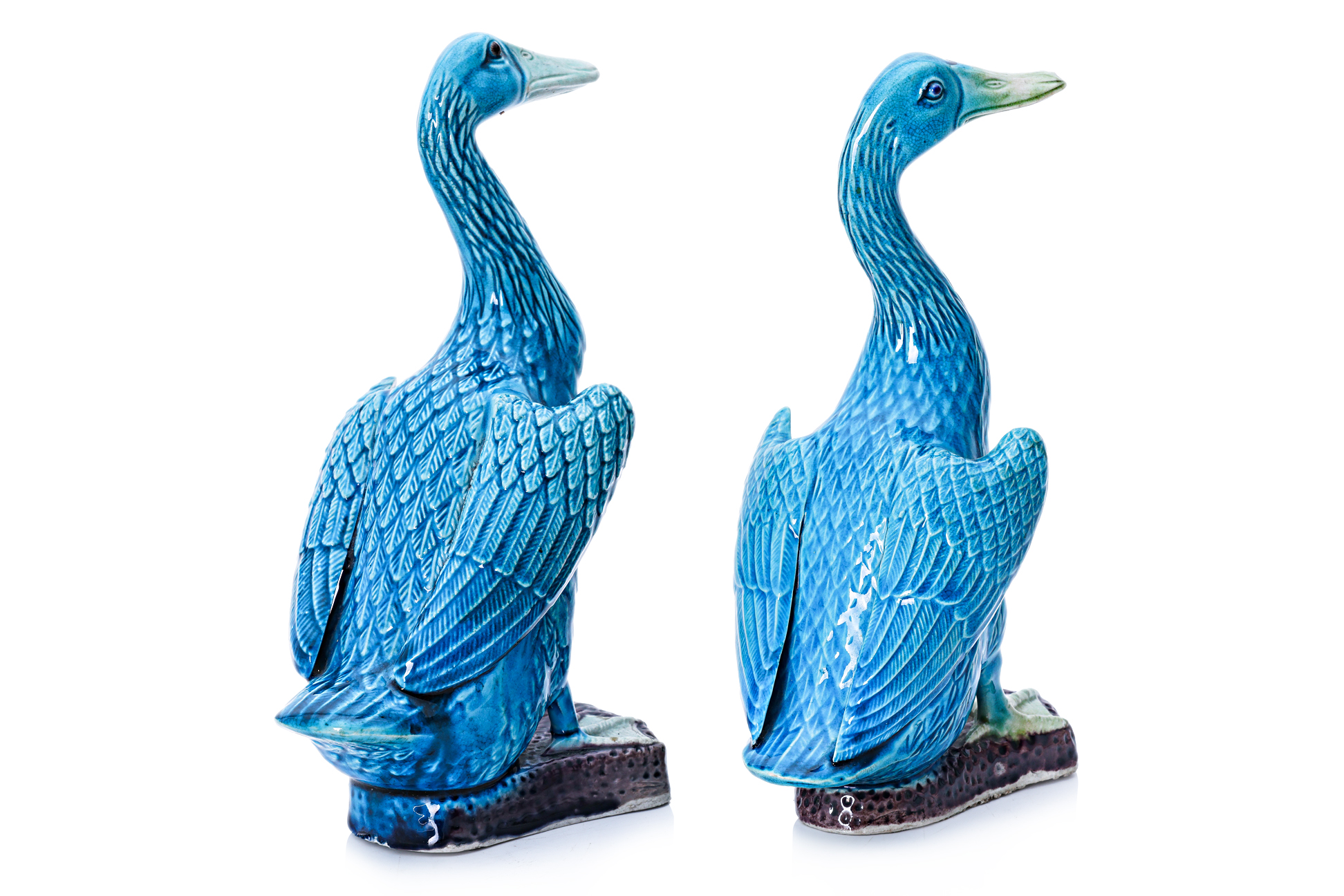 A PAIR OF CHINESE BLUE GLAZED POTTERY DUCKS - Image 2 of 3