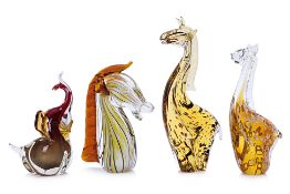 A GROUP OF FOUR ART GLASS ANIMALS INCLUDING MURANO