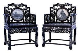 A PAIR OF MARBLE INSET BLACKWOOD ARMCHAIRS