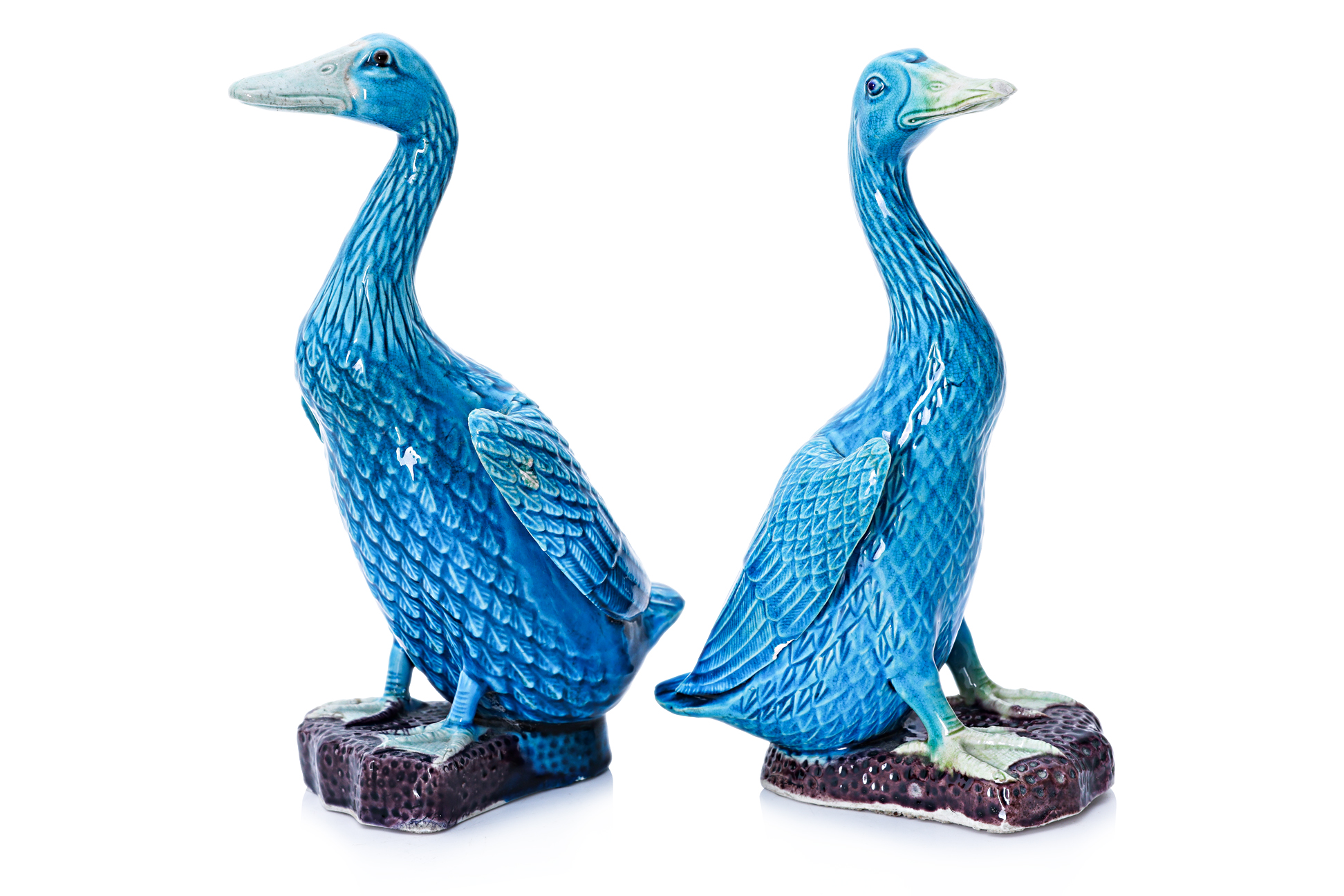 A PAIR OF CHINESE BLUE GLAZED POTTERY DUCKS - Image 3 of 3