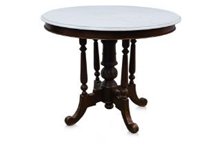 A CIRCULAR 'KOPITIAM' TEAK TABLE WITH MARBLE TOP