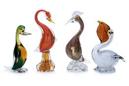 A GROUP OF THREE MURANO GLASS BIRDS AND ONE OTHER
