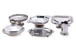 A GROUP OF SILVER PLATED SERVING DISHES AND OTHER ITEMS
