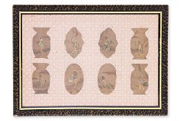 A CHINESE FRAMED 1930s COLLAGE OF STAMPS/FIGURINES