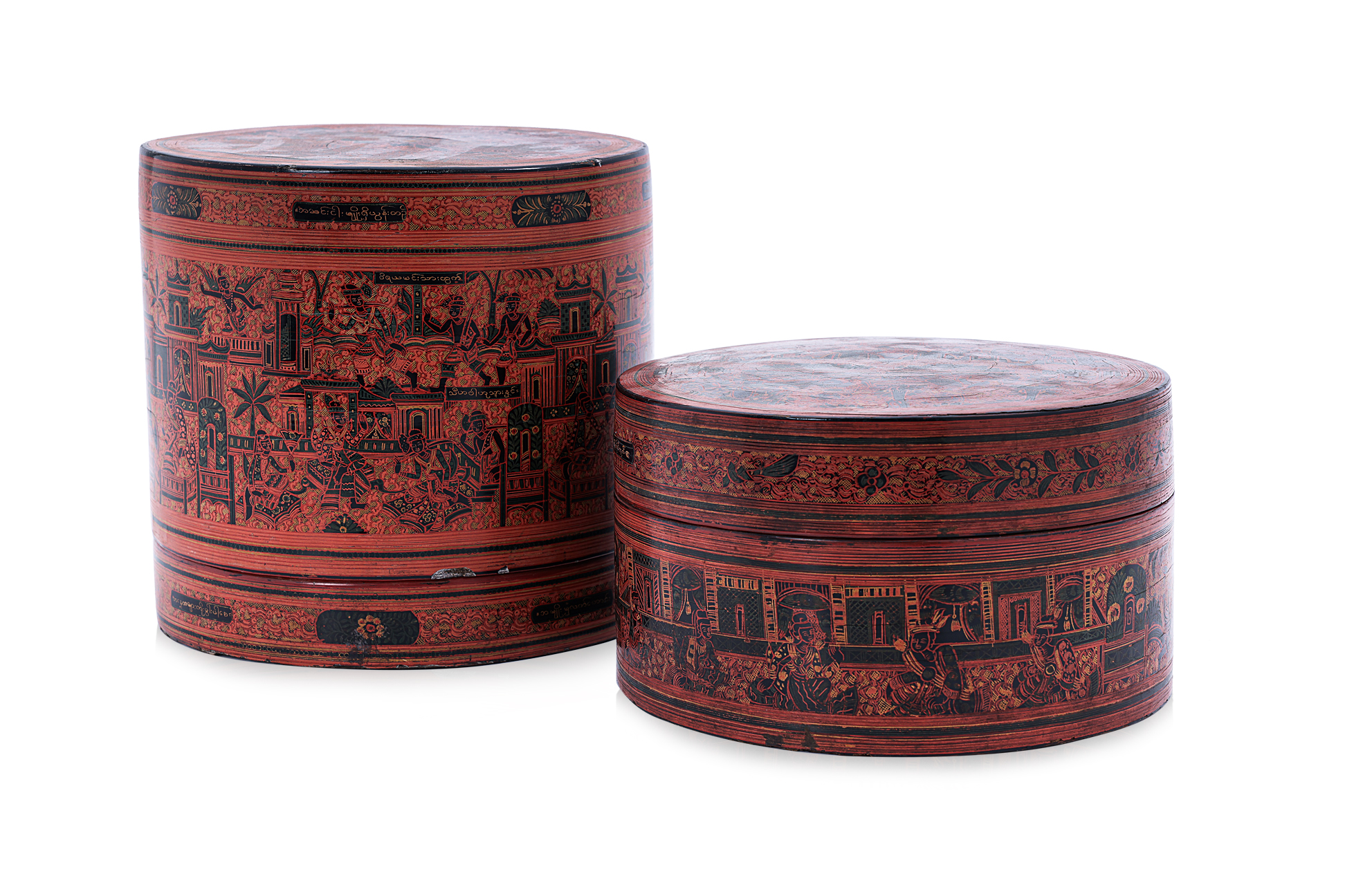 TWO SIMILAR BURMESE LACQUER CYLINDRICAL BETEL BOXES