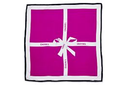 A CHANEL SQUARE FUCHSIA SILK SCARF