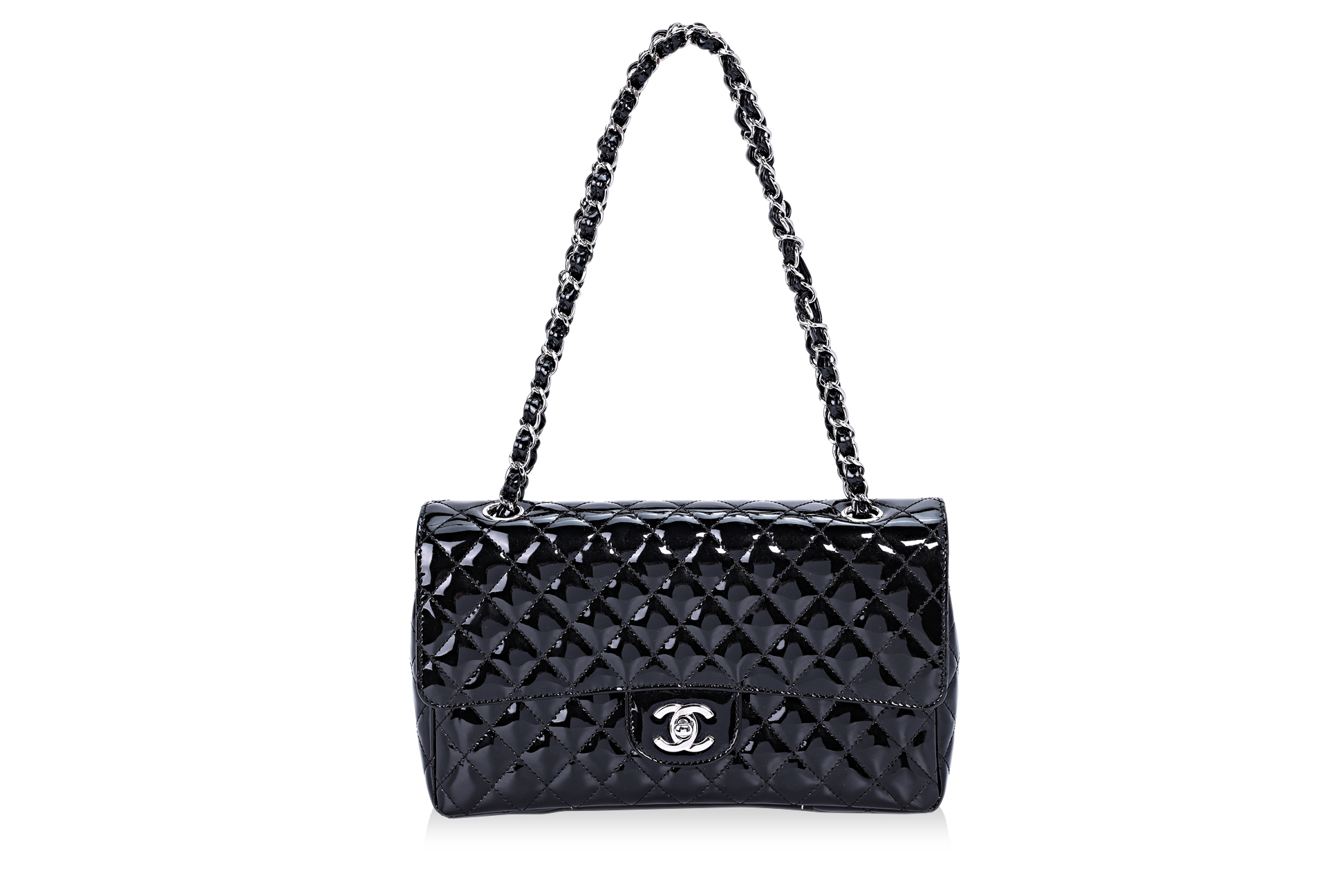 A CHANEL "SECRET LABEL" PATENT LEATHER FLAP BAG