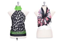 TWO GUCCI SILK PRINTED SCARF HALTER TOPS