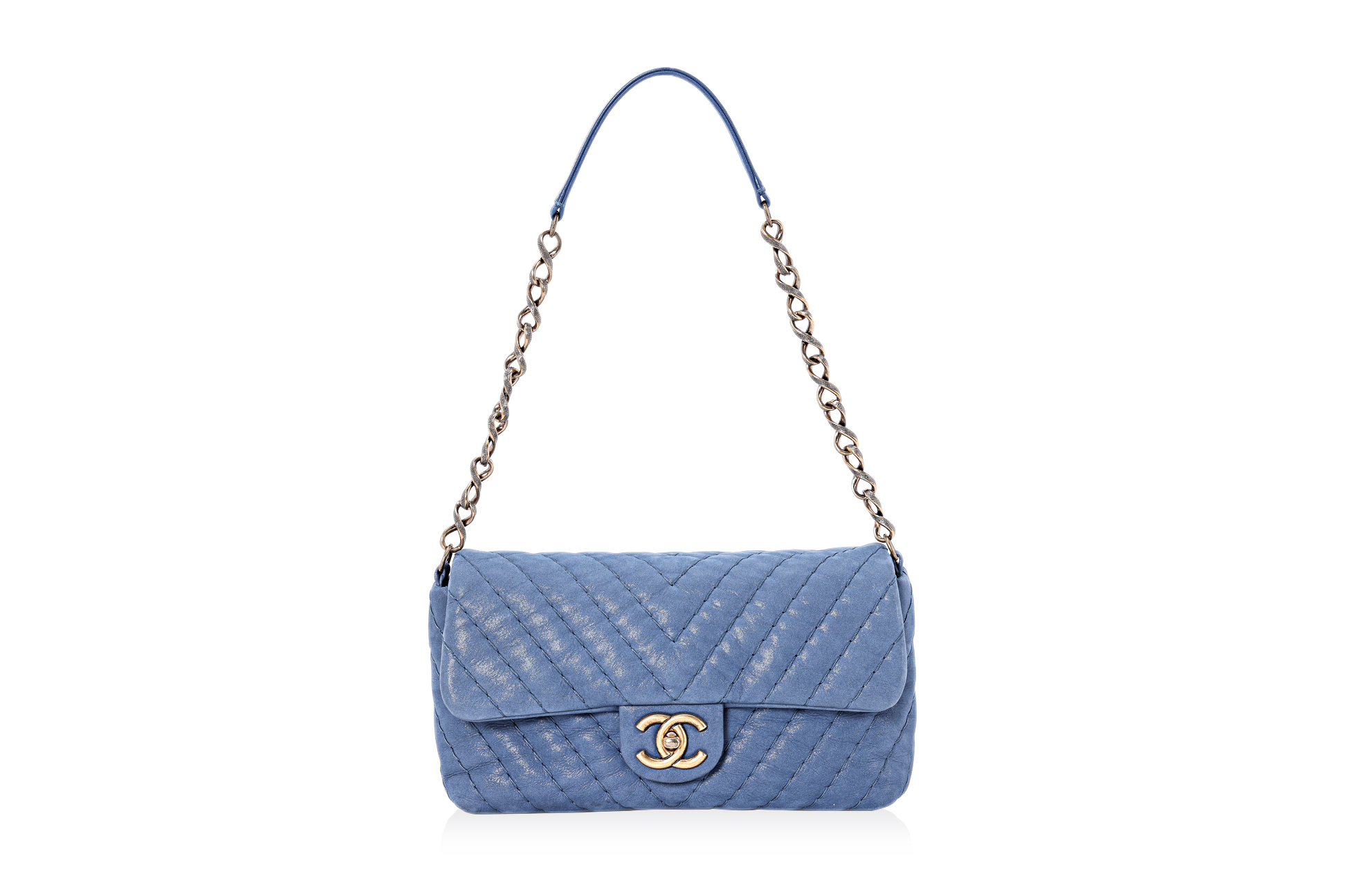 A CHANEL BLUE CHEVRON QUILTED FLAP BAG - Image 3 of 9