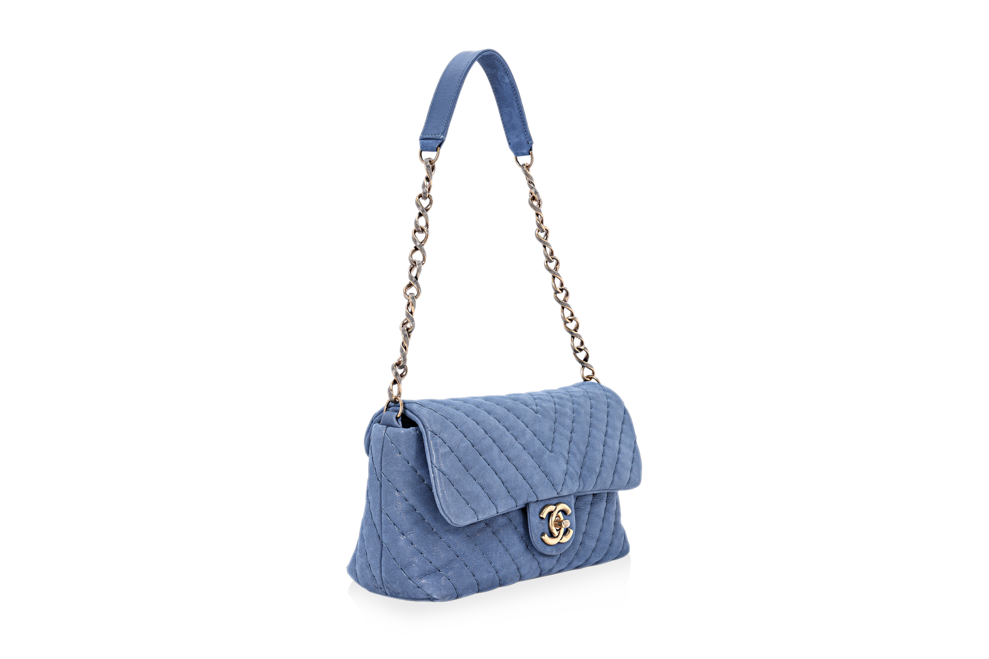 A CHANEL BLUE CHEVRON QUILTED FLAP BAG - Image 4 of 9