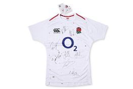 AN UNFRAMED ENGLAND SHIRT SIGNED BY HARLEQUINS PLAYERS