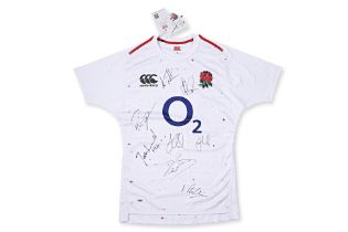 AN UNFRAMED ENGLAND SHIRT SIGNED BY HARLEQUINS PLAYERS