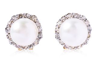 A PAIR OF CULTURED PEARL AND DIAMOND CLIP EARRINGS