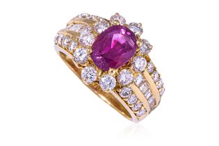 AN UNHEATED BURMESE RUBY AND DIAMOND CLUSTER RING