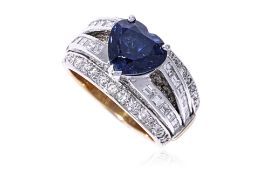 AN UNHEATED HEART SHAPED SAPPHIRE AND DIAMOND RING
