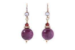 A PAIR OF RUBY BEAD, GARNET AND TOPAZ DROP EARRINGS