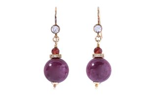 A PAIR OF RUBY BEAD, GARNET AND TOPAZ DROP EARRINGS