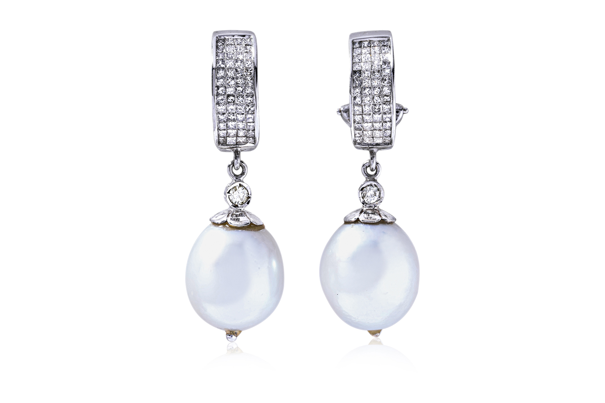 A PAIR OF CULTURED PEARL AND DIAMOND DROP EARRINGS