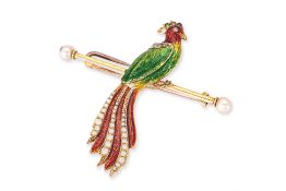 AN ENAMEL AND SEED PEARL 'PHOENIX' BROOCH