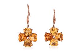 A PAIR OF CITRINE AND DIAMOND 'CLOVER' DROP EARRINGS