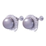 A PAIR OF CULTURED TAHITIAN PEARL AND DIAMOND HALO EARRINGS