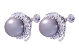 A PAIR OF CULTURED TAHITIAN PEARL AND DIAMOND HALO EARRINGS