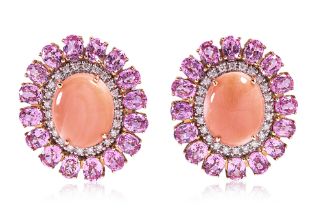 A PAIR OF CORAL, PINK SAPPHIRE AND DIAMOND CLIP EARRINGS