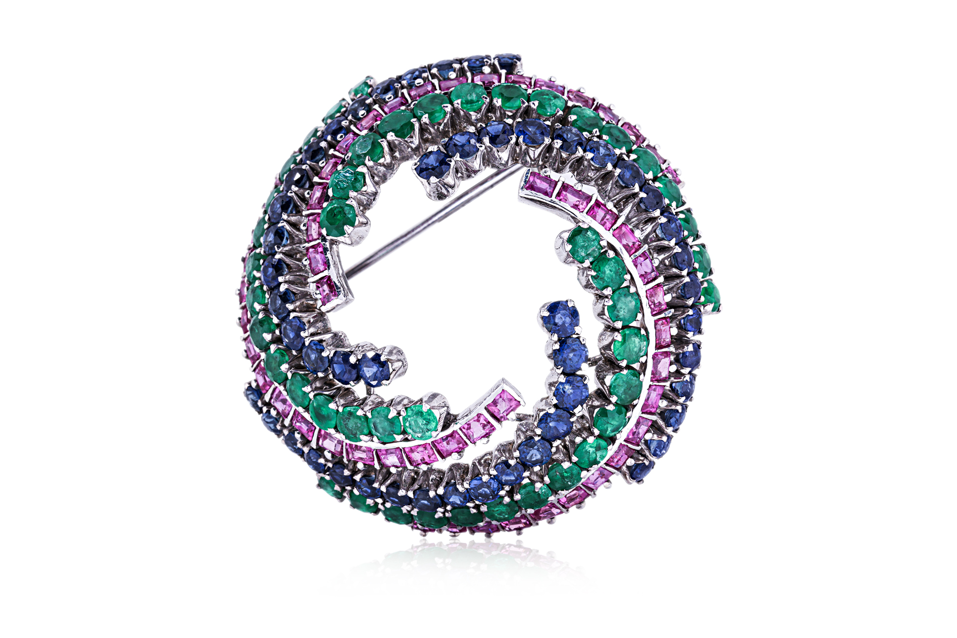 A SAPPHIRE, RUBY AND EMERALD BROOCH