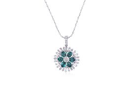 AN EMERALD AND DIAMOND 'FLOWER' PENDANT ON CHAIN