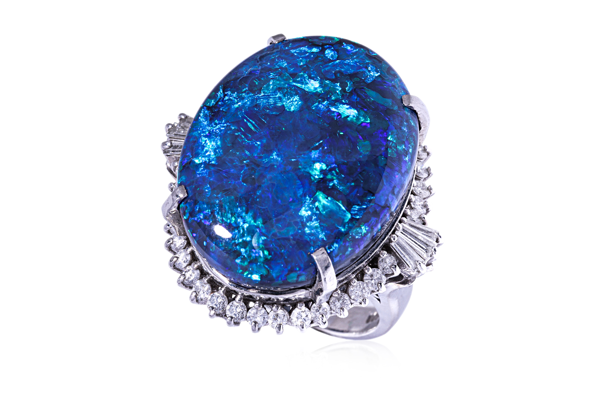 A LARGE BLACK OPAL AND DIAMOND CLUSTER RING