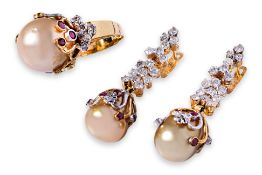 A MATCHING SET OF CULTURED PEARL, RUBY AND DIAMOND JEWELLERY