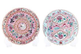 TWO PINK GROUND FAMILLE ROSE SAUCERS