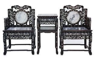 A PAIR OF MARBLE AND MOTHER OF PEARL INLAID CHAIRS AND TABLE