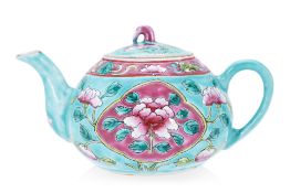 A SMALL TURQUOISE GROUND FAMILLE ROSE TEAPOT