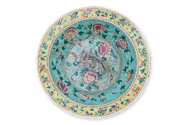 A TURQUOISE GROUND FAMILLE ROSE BASIN