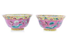A PAIR OF PINK GROUND 'IN AND OUT' FAMILLE ROSE BOWLS
