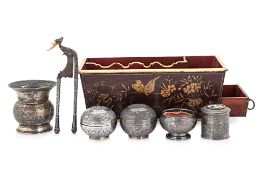 A SILVER SIREH SET WITH BOX AND A SPITTOON