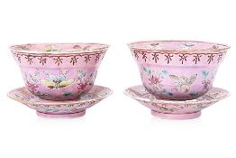 A PAIR OF PINK 'IN AND OUT' 'BUTTERFLY' TEA BOWLS AND SAUCERS