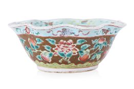 A CELADON GROUND FAMILLE ROSE PEONY OFFERING BOWL