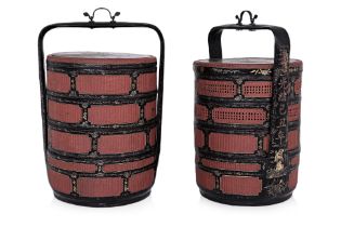 A PAIR OF LARGE BLACK AND RED LACQUER WEDDING BASKETS