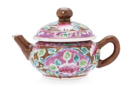A SMALL BROWN GROUND FAMILLE ROSE TEAPOT