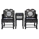 A PAIR OF MARBLE AND MOTHER OF PEARL INLAID CHAIRS AND TABLE
